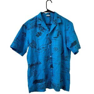 Vintage Hawaiian Island Shirt Men’s M Retro Nautical Map 70s Tiki Sailboat Beach